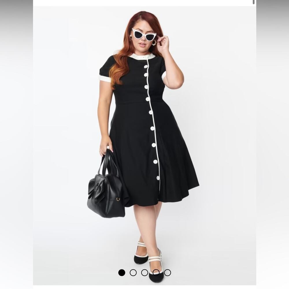 Unique Vintage Black Dress with White Trim Midi Fit-and-Flare